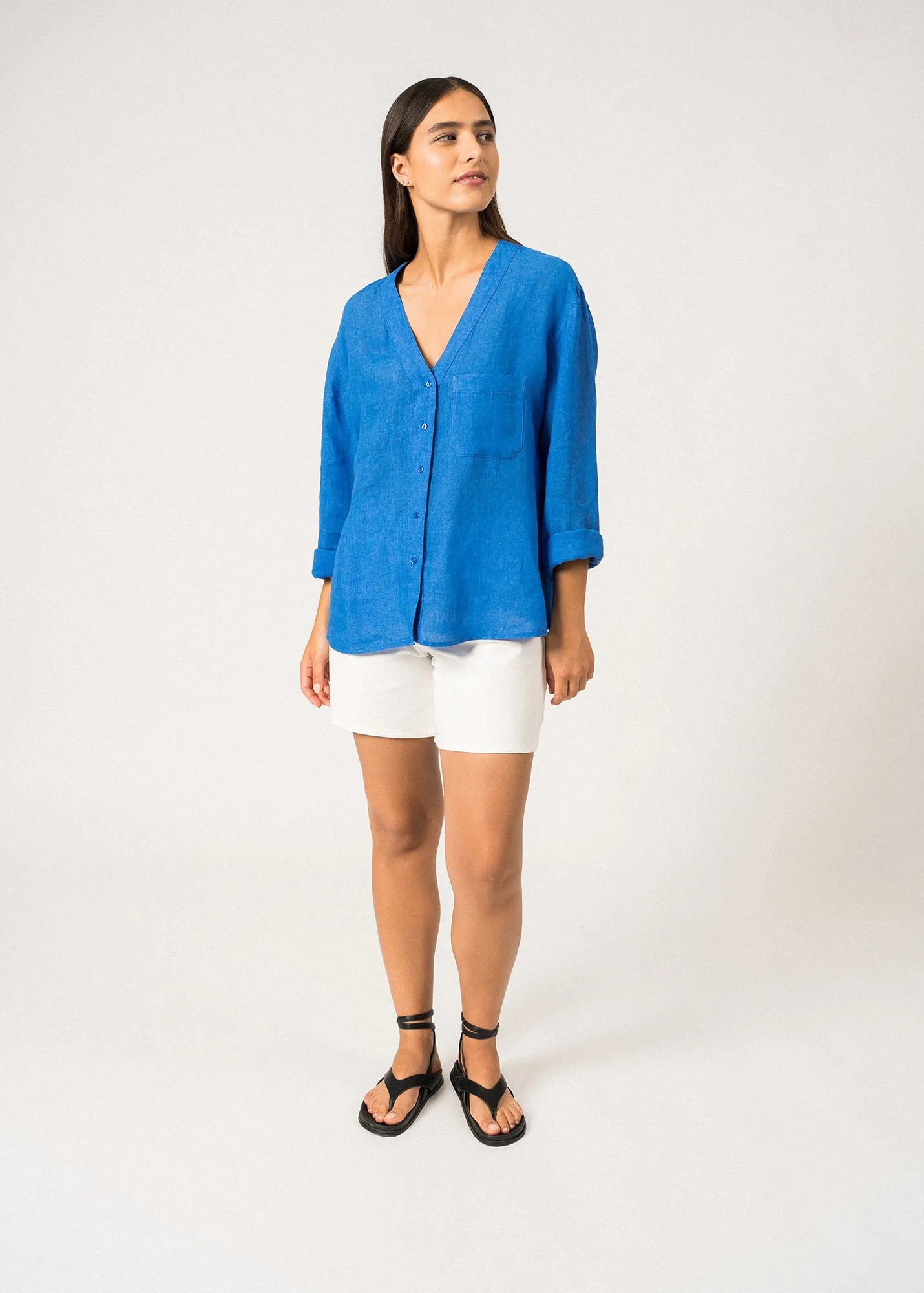 Blouse en lin Laurence - manches longues, col V (MER)