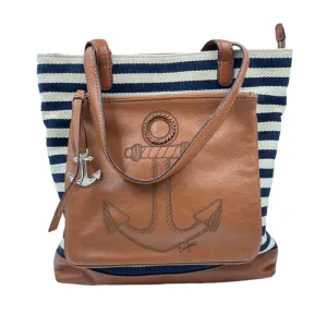 BRIGHTON Navy Blue & Natural Canvas & Leather ANCHOR HARBOR TOTE Bag Purse