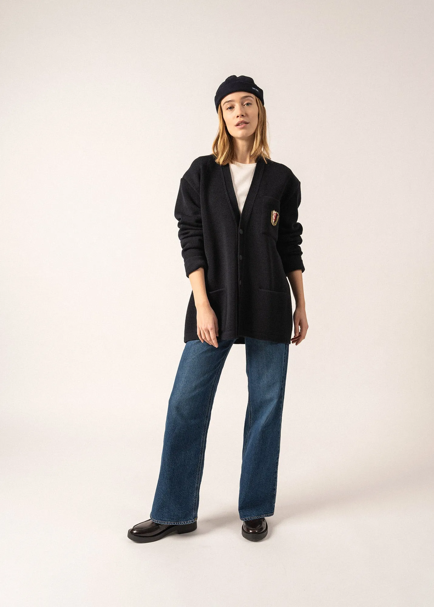 Cardigan en laine Yachting Rdit -  blason brod poitrine (NAVY)