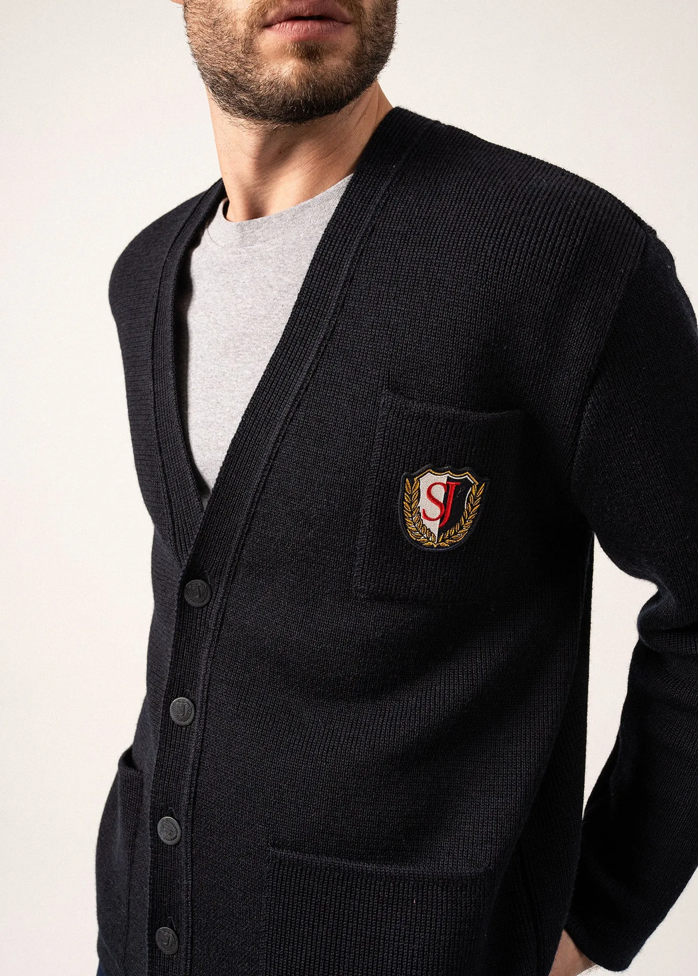 Cardigan en laine Yachting Rdit -  blason brod poitrine (NAVY)