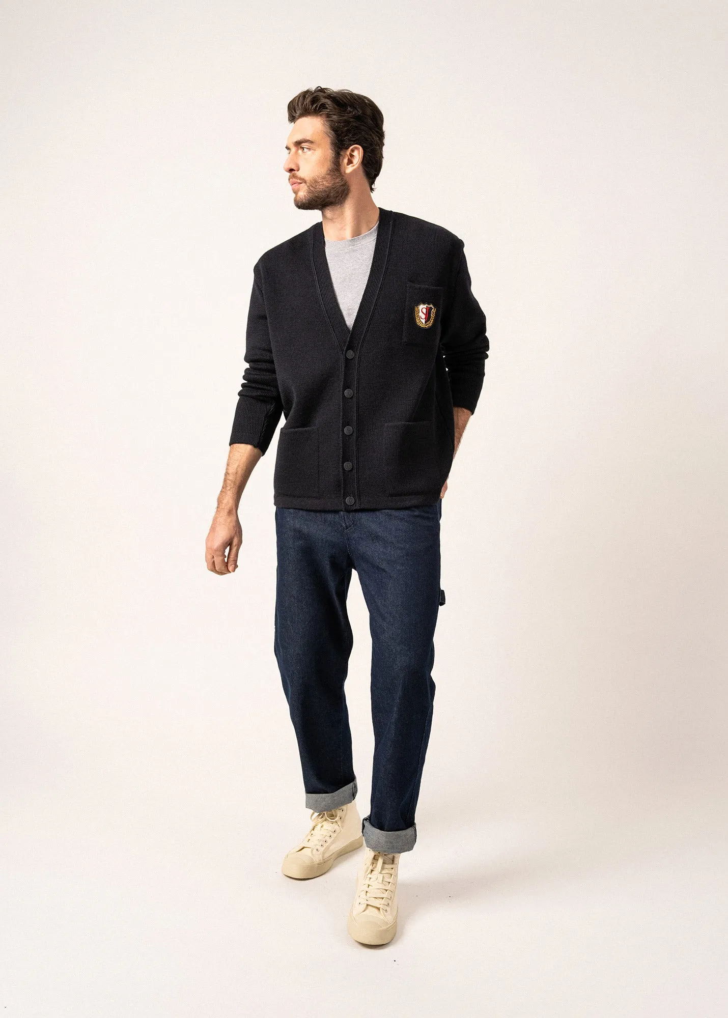 Cardigan en laine Yachting Rdit -  blason brod poitrine (NAVY)