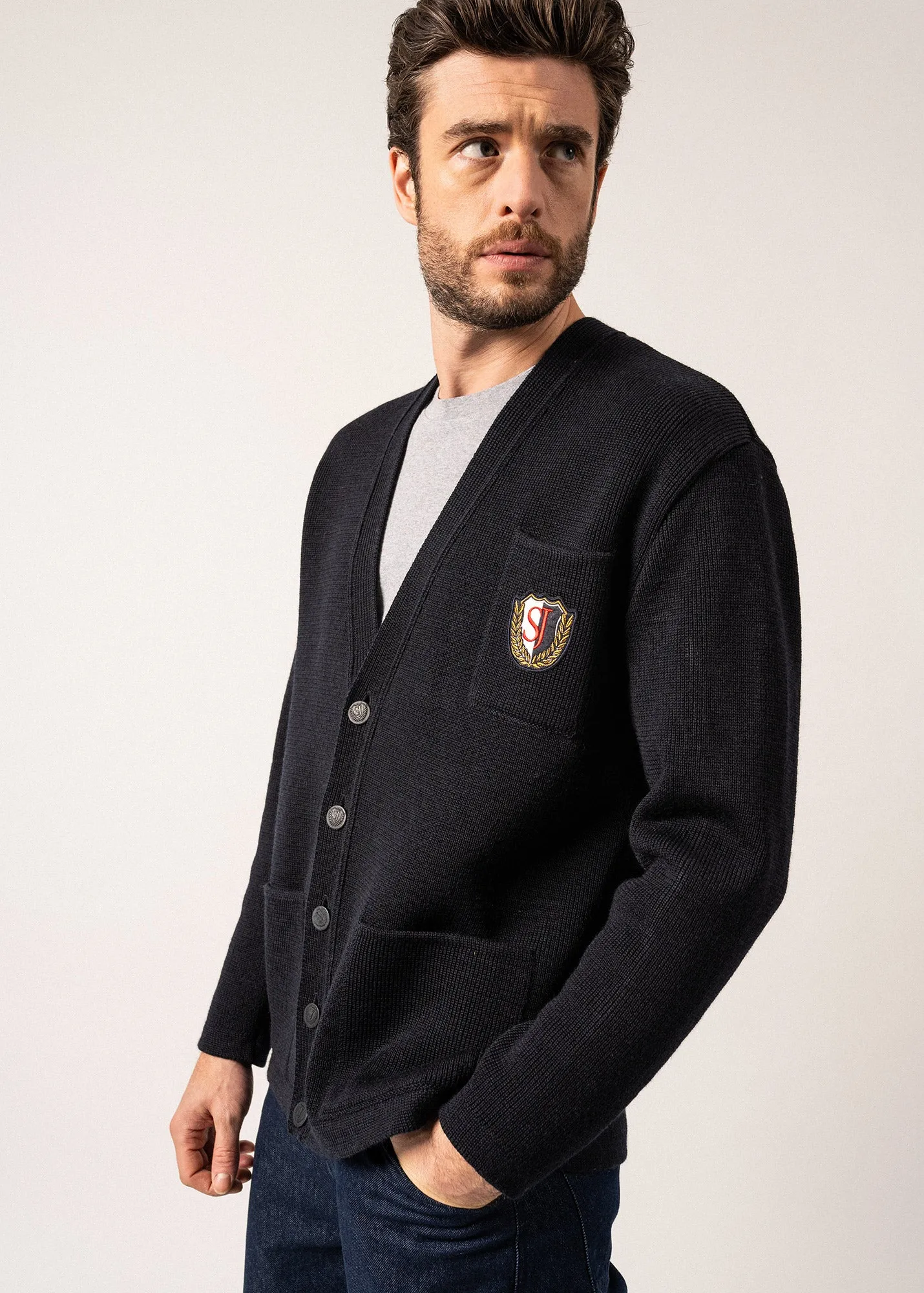 Cardigan en laine Yachting Rdit -  blason brod poitrine (NAVY)