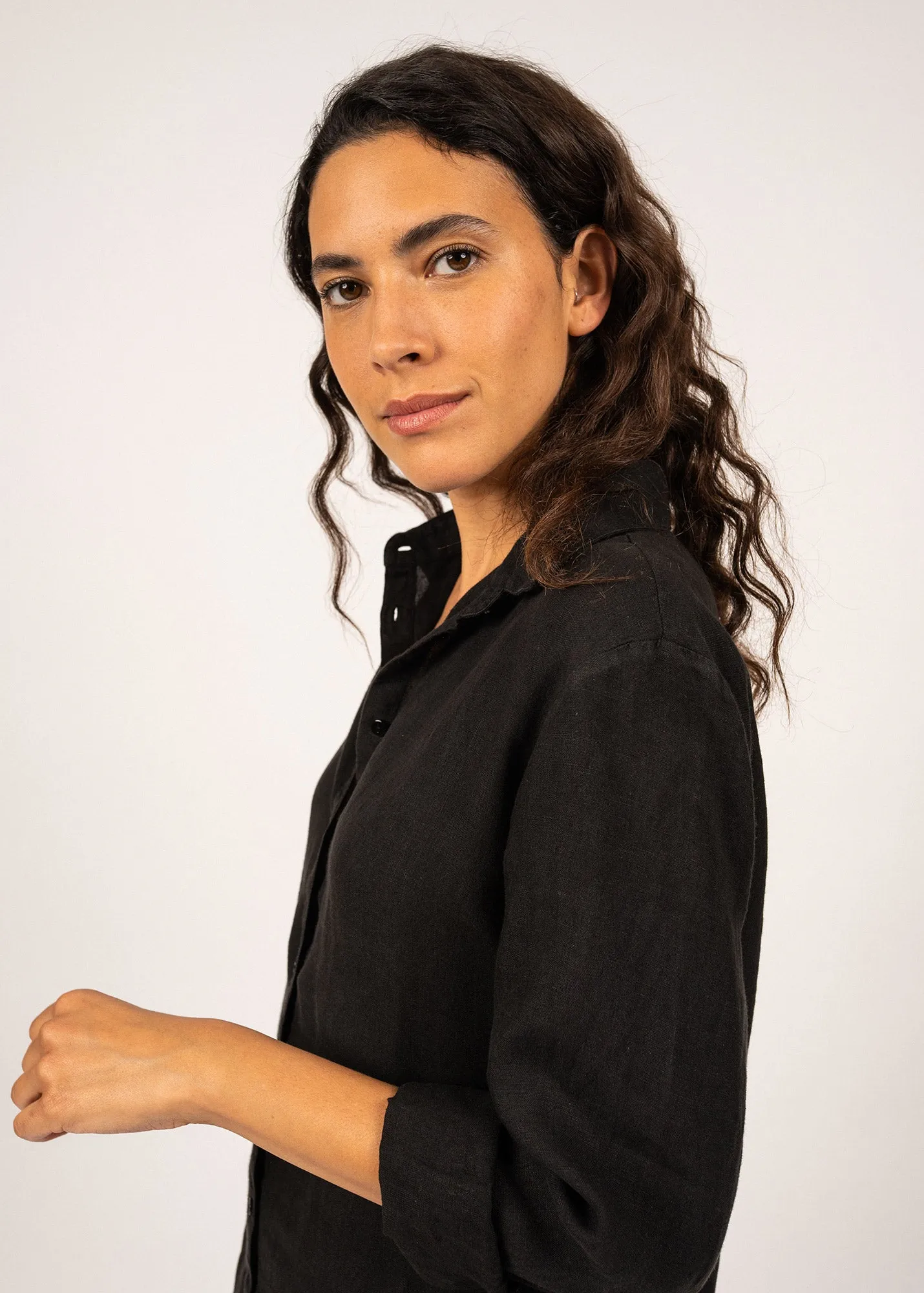 Chemise en lin Rebecca - unie,  manches longues (NOIR)