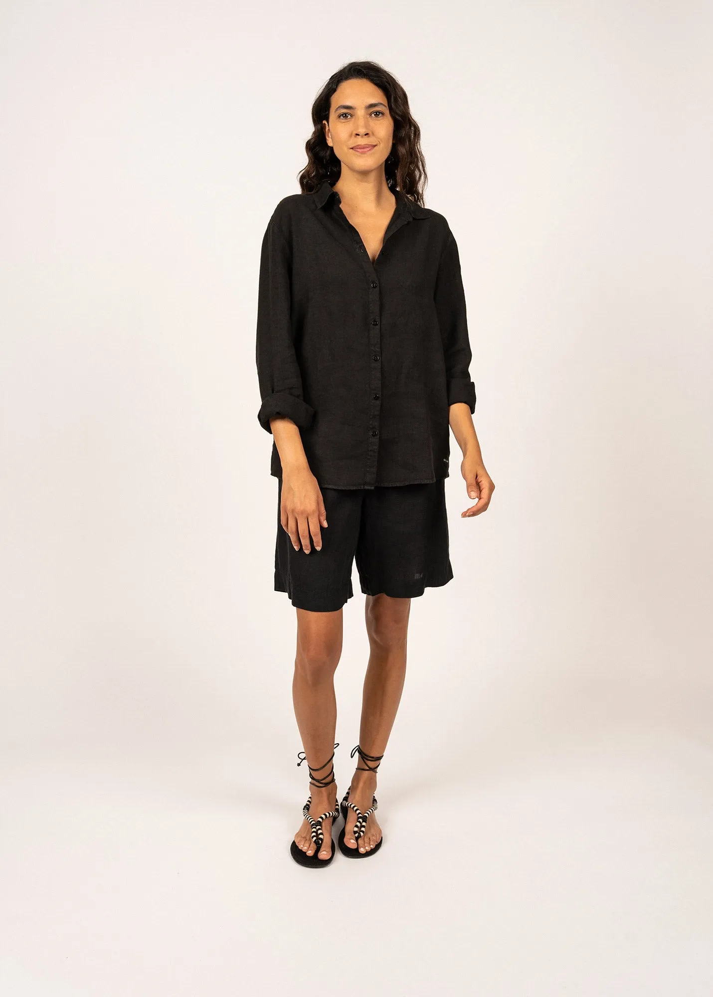 Chemise en lin Rebecca - unie,  manches longues (NOIR)