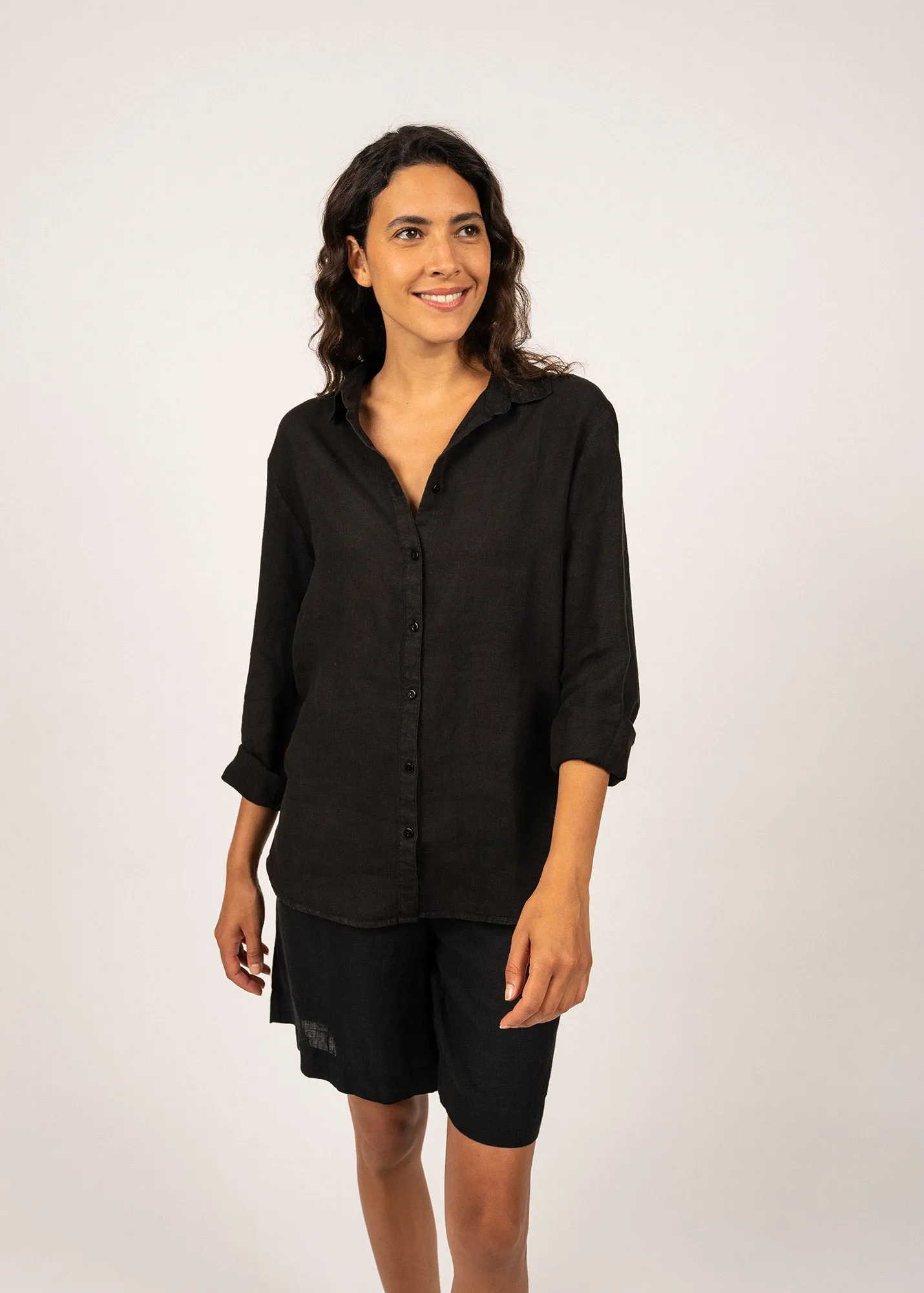 Chemise en lin Rebecca - unie,  manches longues (NOIR)