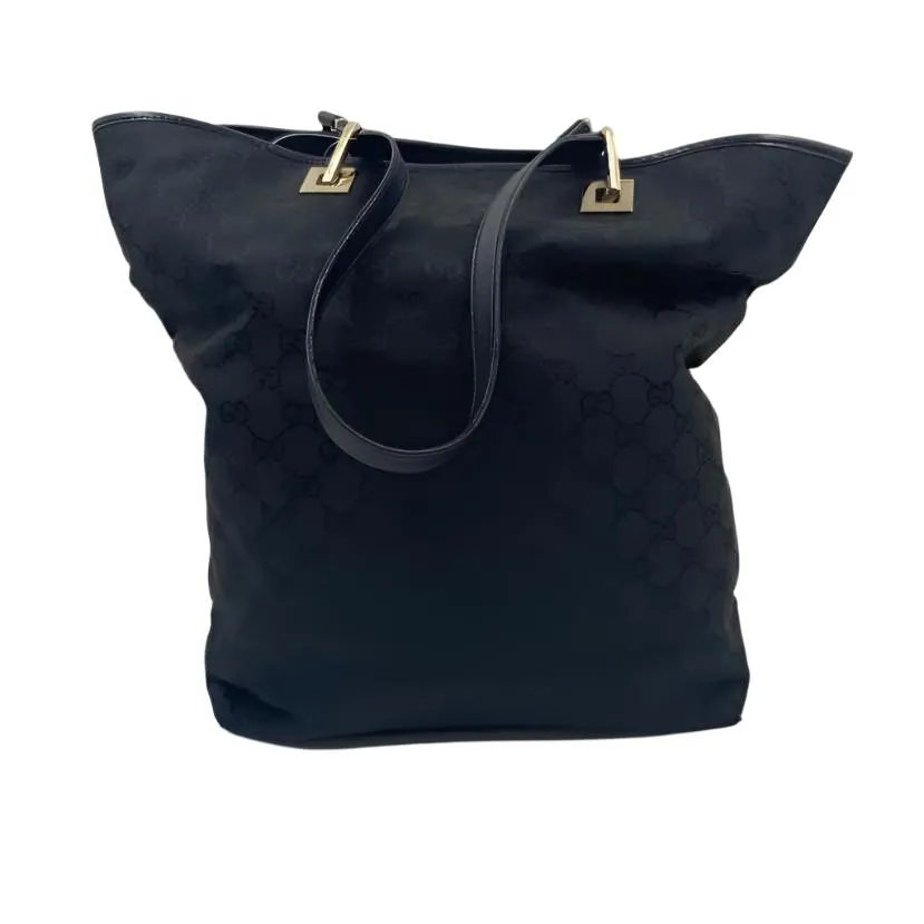 GUCCI Black Canvas GG Monogram Bucket Tote w/Leather Double Handles