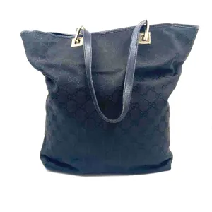 GUCCI Black Canvas GG Monogram Bucket Tote w/Leather Double Handles