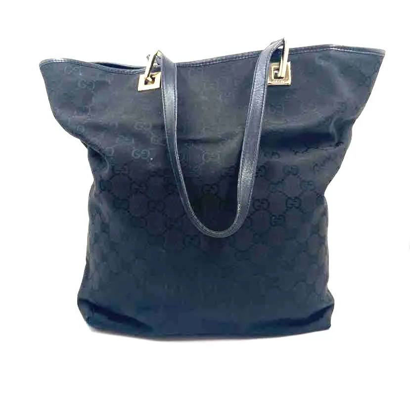 GUCCI Black Canvas GG Monogram Bucket Tote w/Leather Double Handles