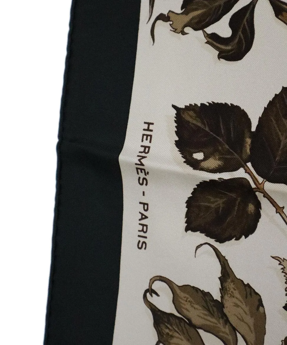 Hermes Ivory & Green Leaf Print Silk Scarf