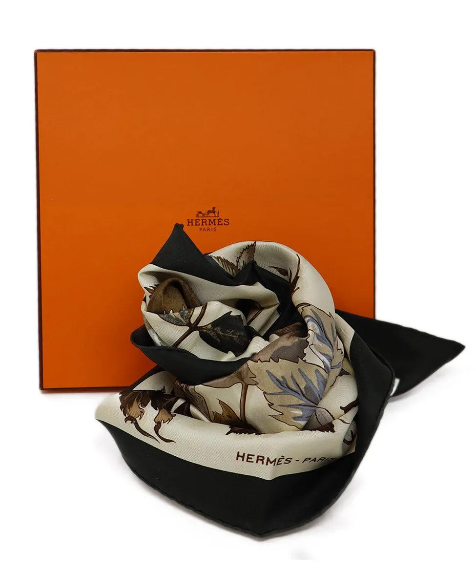 Hermes Ivory & Green Leaf Print Silk Scarf