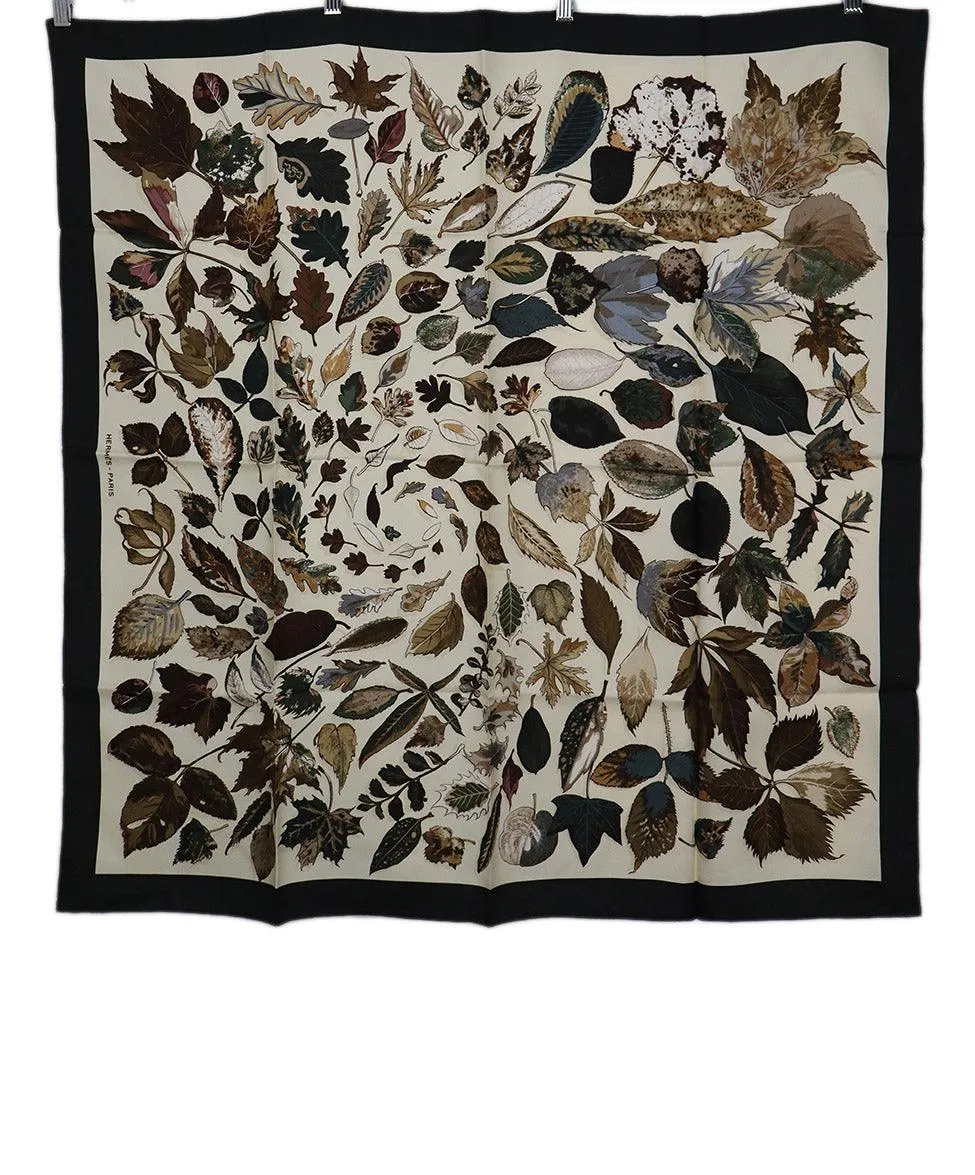 Hermes Ivory & Green Leaf Print Silk Scarf