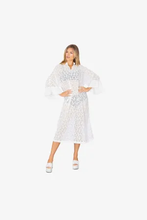 Larroud X La Vie Style Long Caftan In Light White Laser Cut Daisies