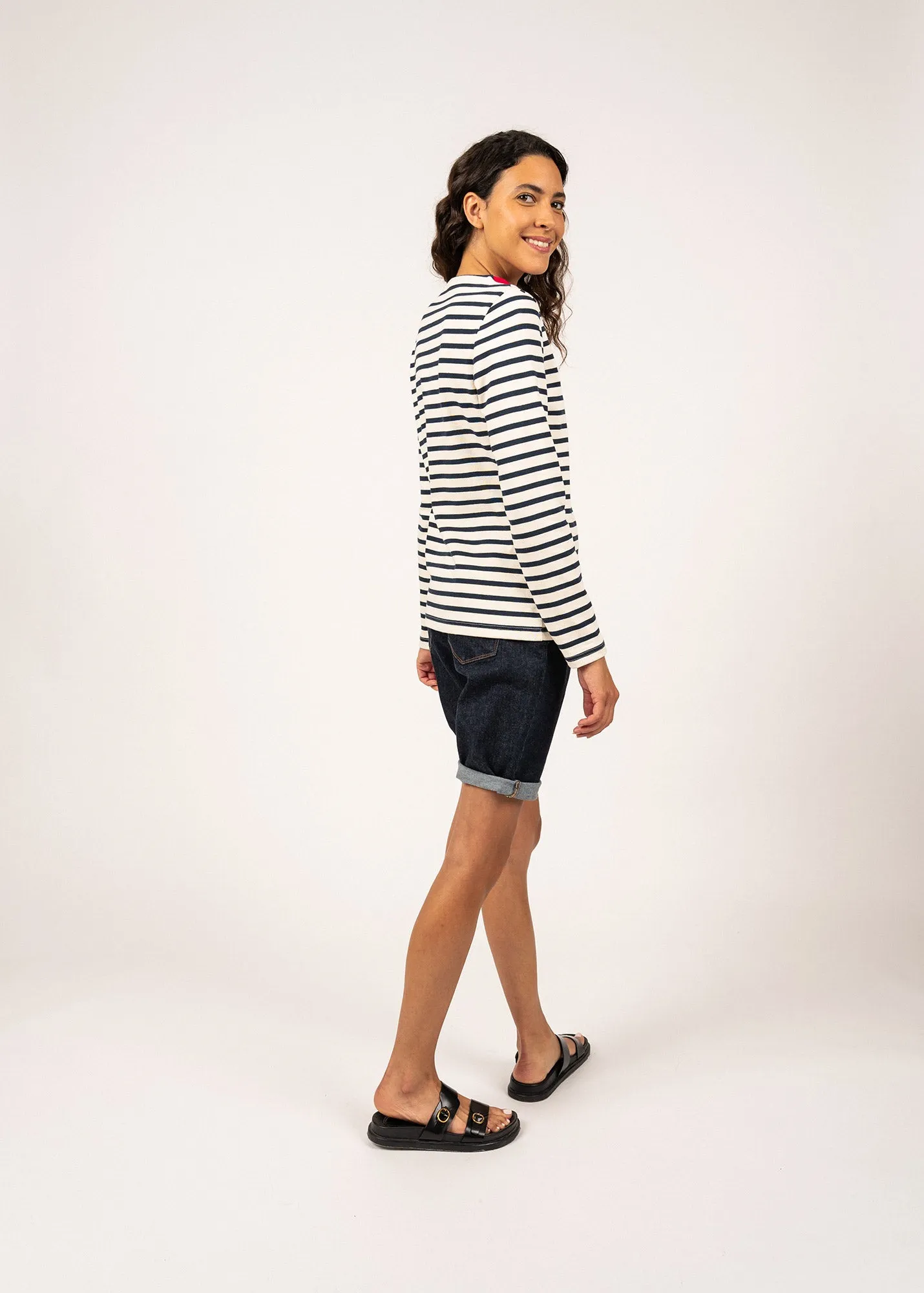 Marinire  col contrast Vire - en jersey de coton lourd (ECRU/MARINE/TULIPE)
