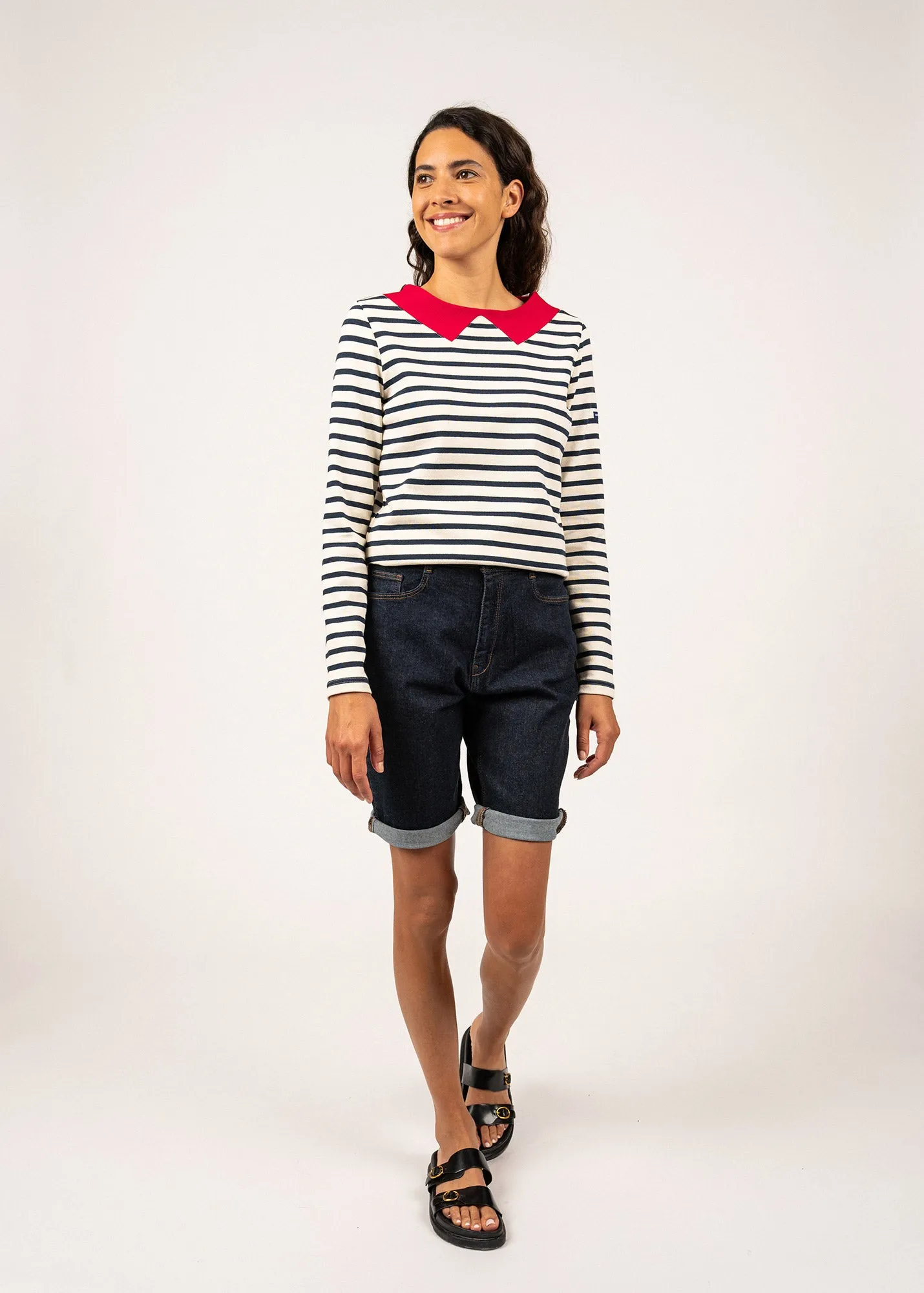 Marinire  col contrast Vire - en jersey de coton lourd (ECRU/MARINE/TULIPE)