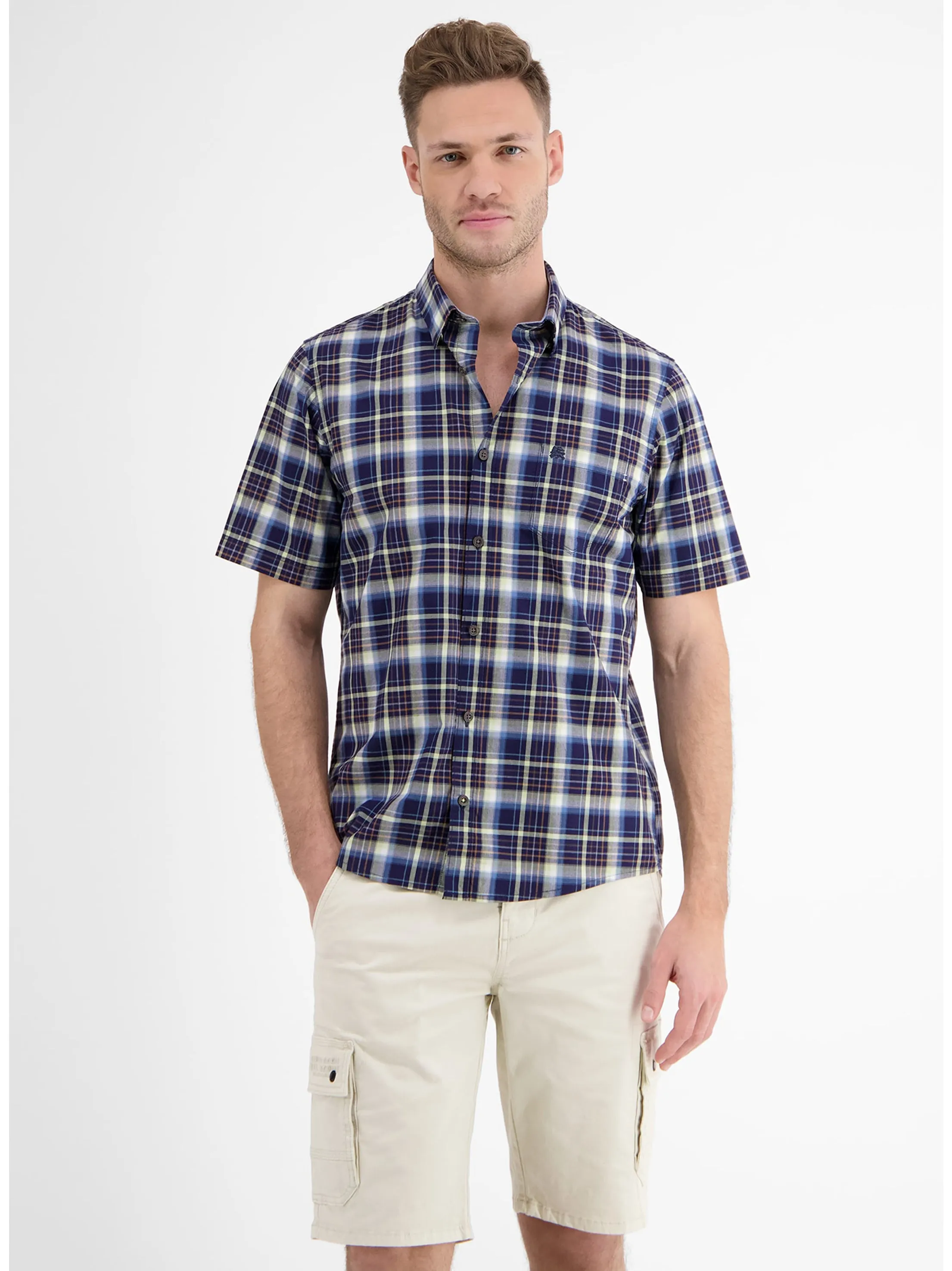 Men's Plaid Dress Shirt,Navy/Yellow