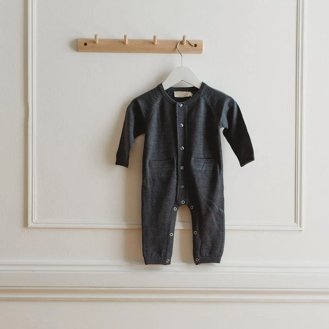 Merino Kids All-In-One Button Through Bodysuit - Dark Slate