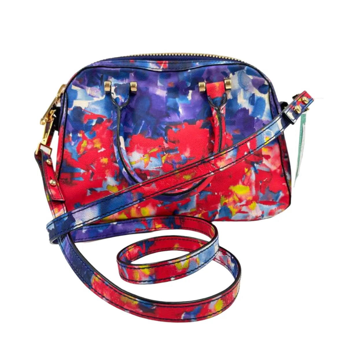 MILLY Red Blue Yellow Multi Watercolor Leather Handled Satchel Purse w/Crossbody