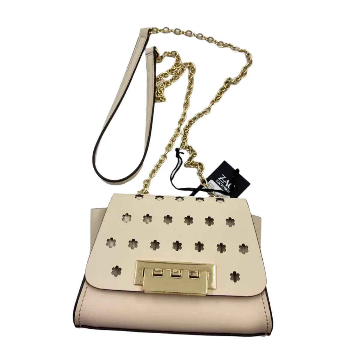 NWT ZAC POSEN Cream Leather EARTHA ICONIC Mini Chain Crossbody Purse w/Laser Cut Floral