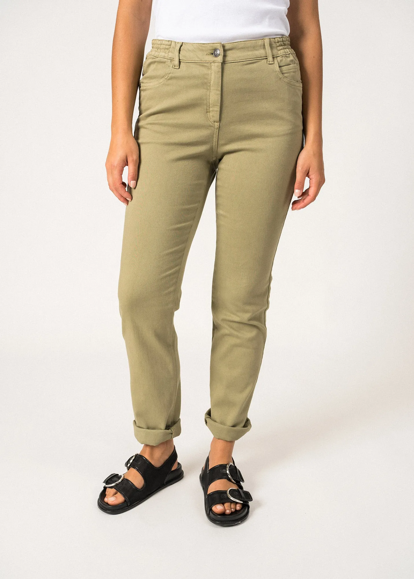 Pantalon droit Patricia t - taille lastique en coton stretch (AMANDIER)