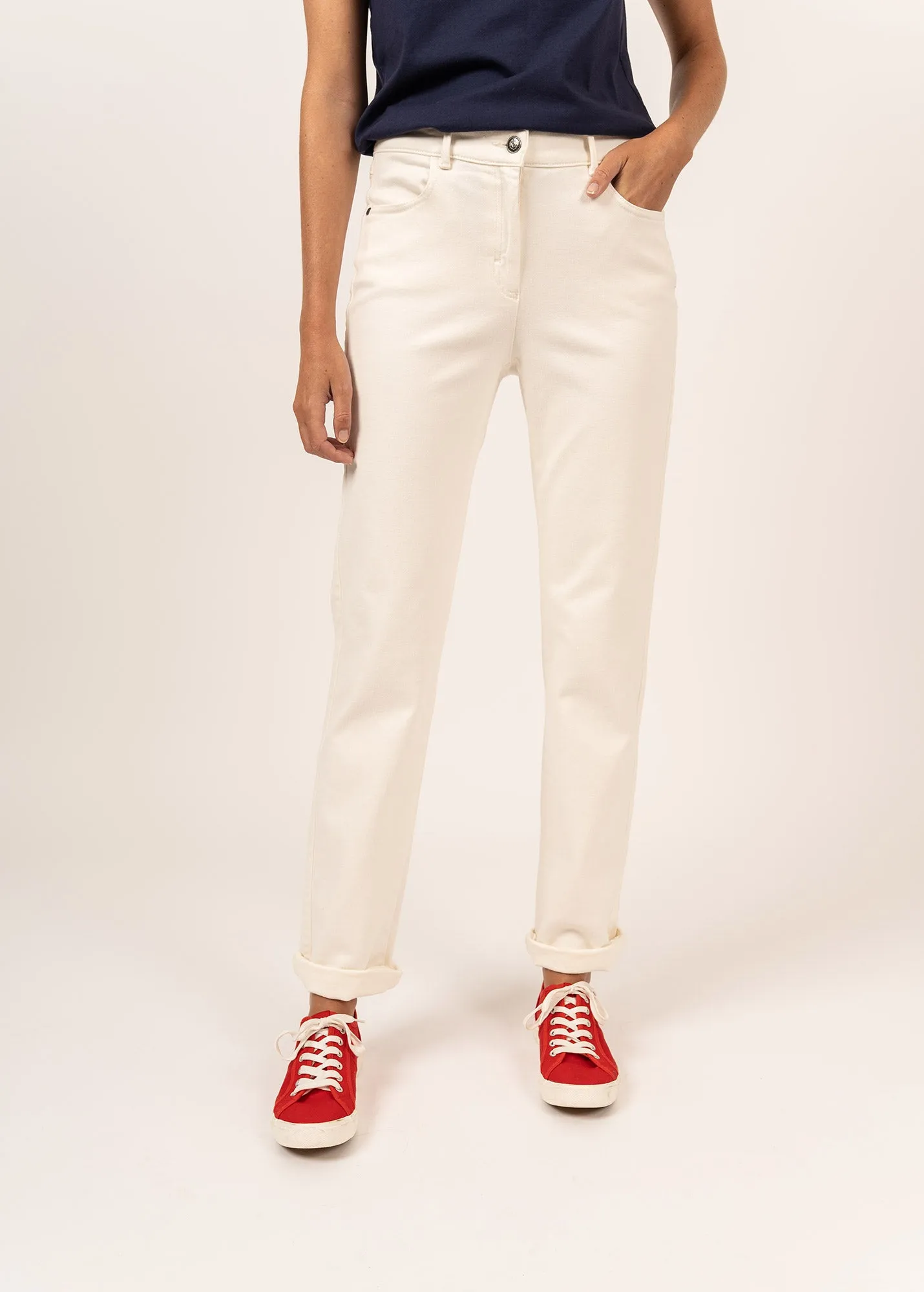Pantalon droit Patricia t - taille lastique en coton stretch (CRAIE)