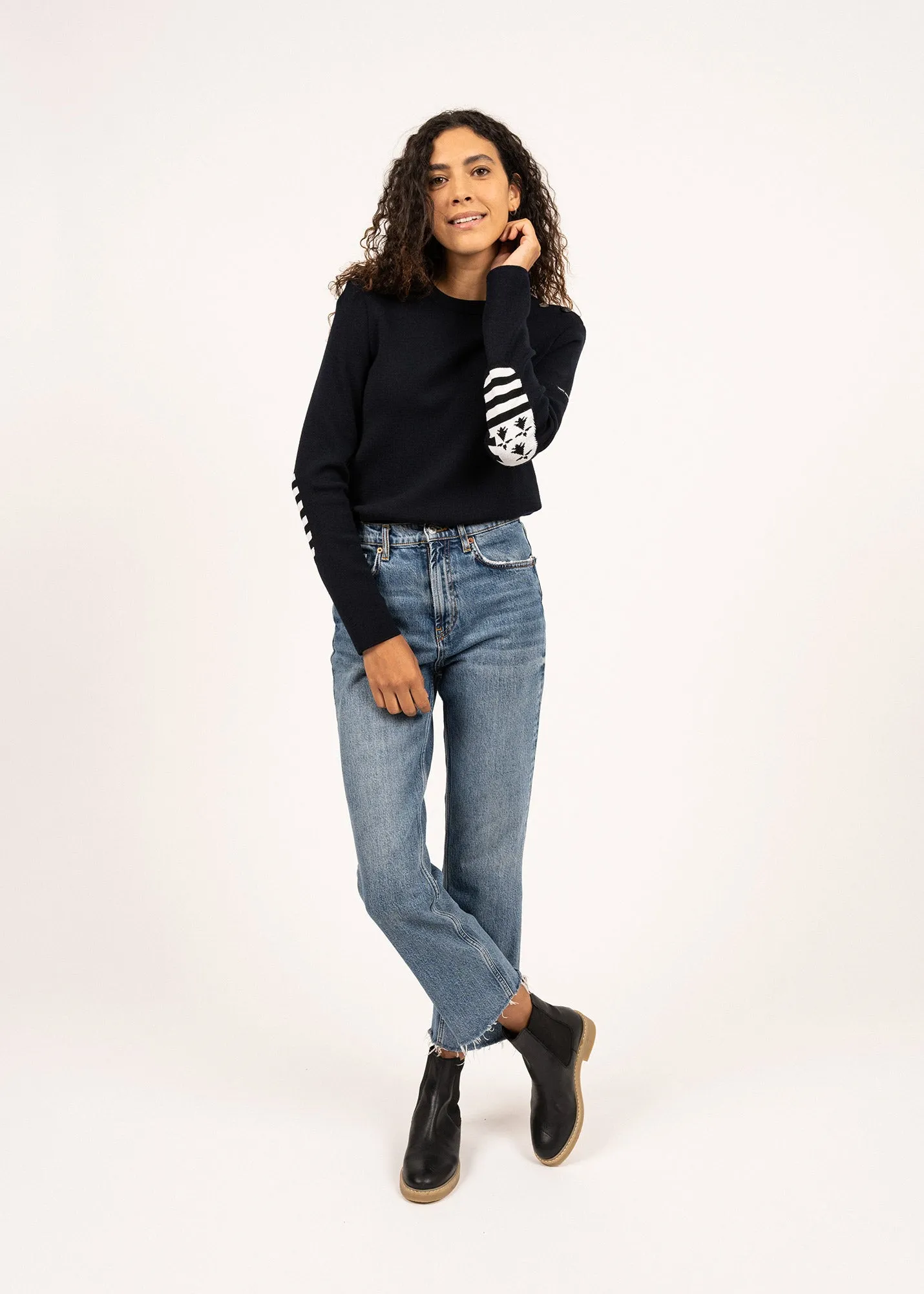 Pull Brganon Bretagne - en laine,  coudires contrastes (NAVY/MULTICO)