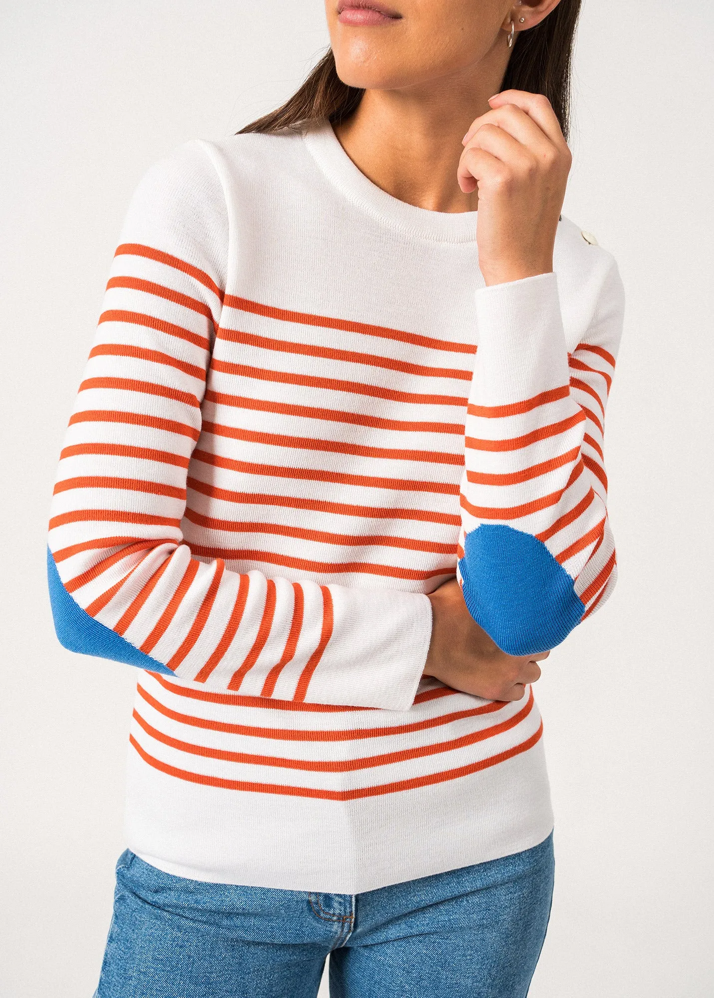 Pull marin ray Brganon -  coudires contrastes (BLANC/BASKET/MER)