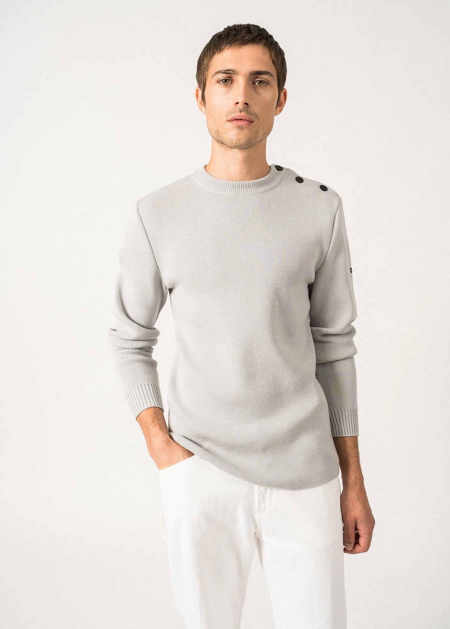 Pull marin uni Rochefort - en laine mrinos (GRIS LIGHT)