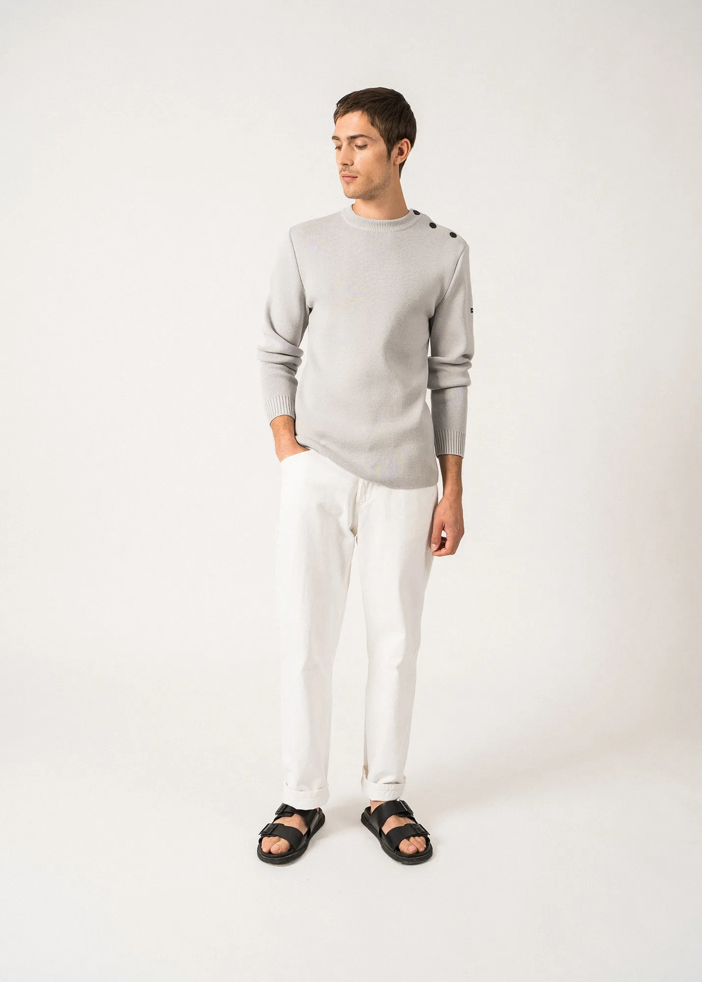 Pull marin uni Rochefort - en laine mrinos (GRIS LIGHT)