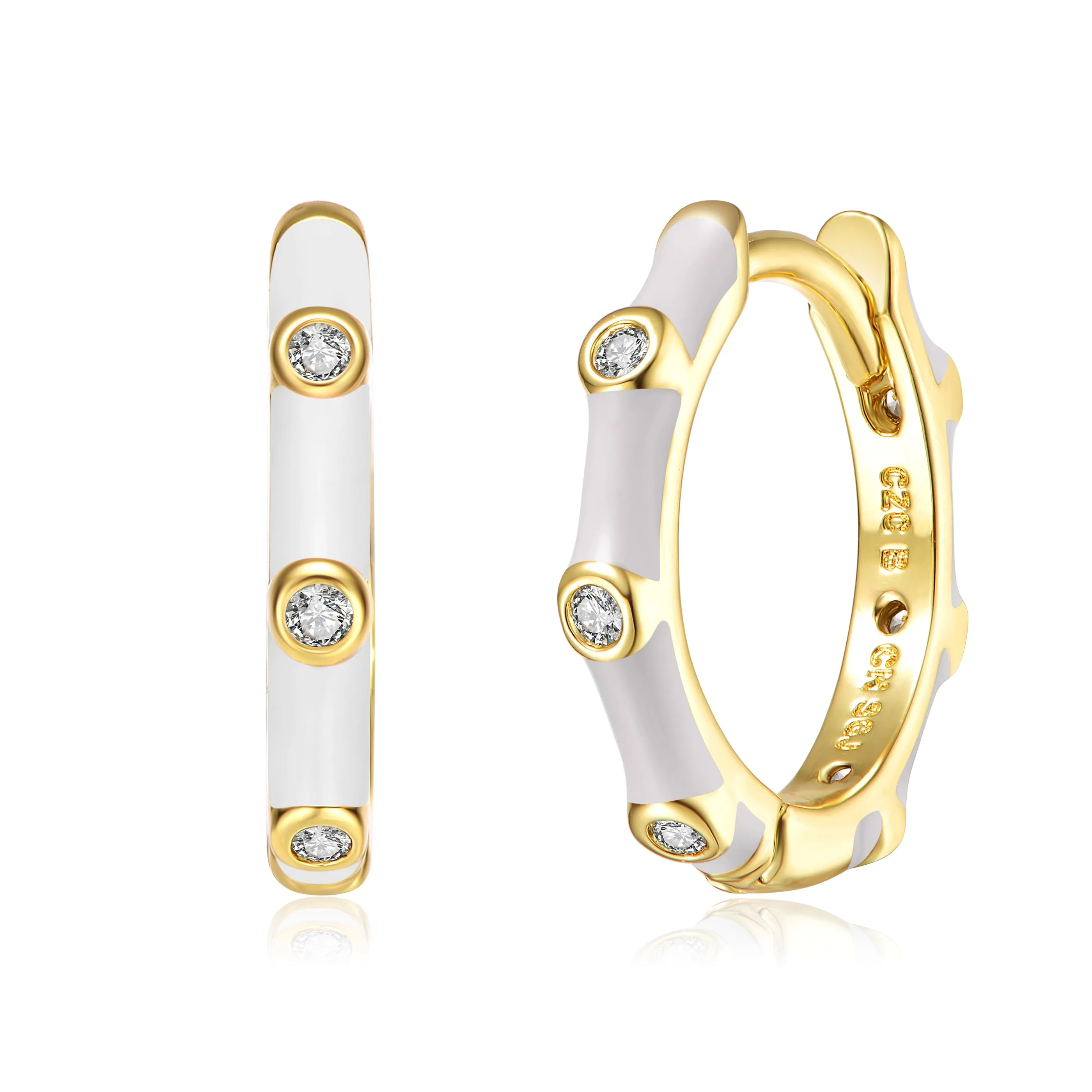 Rg 14k Gold Plated with Diamond Cubic Zirconia Pink Enamel Bamboo Hoop Earrings