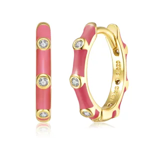 Rg 14k Gold Plated with Diamond Cubic Zirconia Pink Enamel Bamboo Hoop Earrings