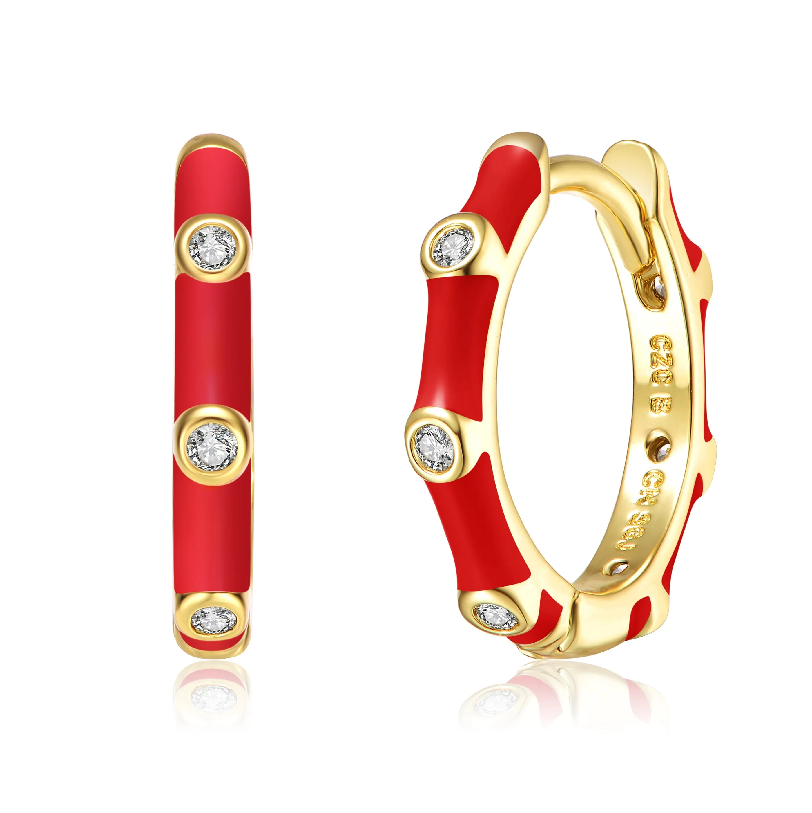 Rg 14k Gold Plated with Diamond Cubic Zirconia Pink Enamel Bamboo Hoop Earrings