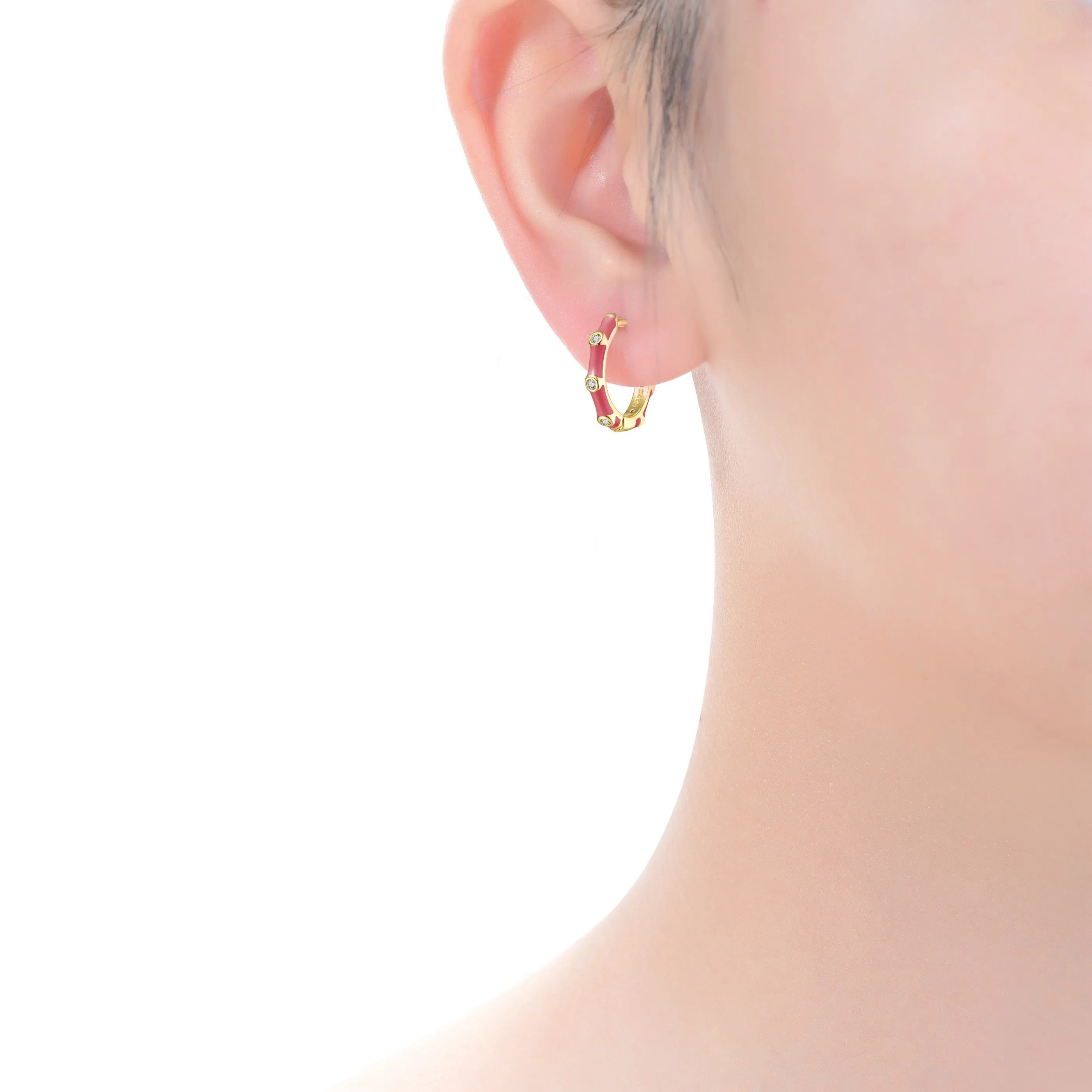 Rg 14k Gold Plated with Diamond Cubic Zirconia Pink Enamel Bamboo Hoop Earrings