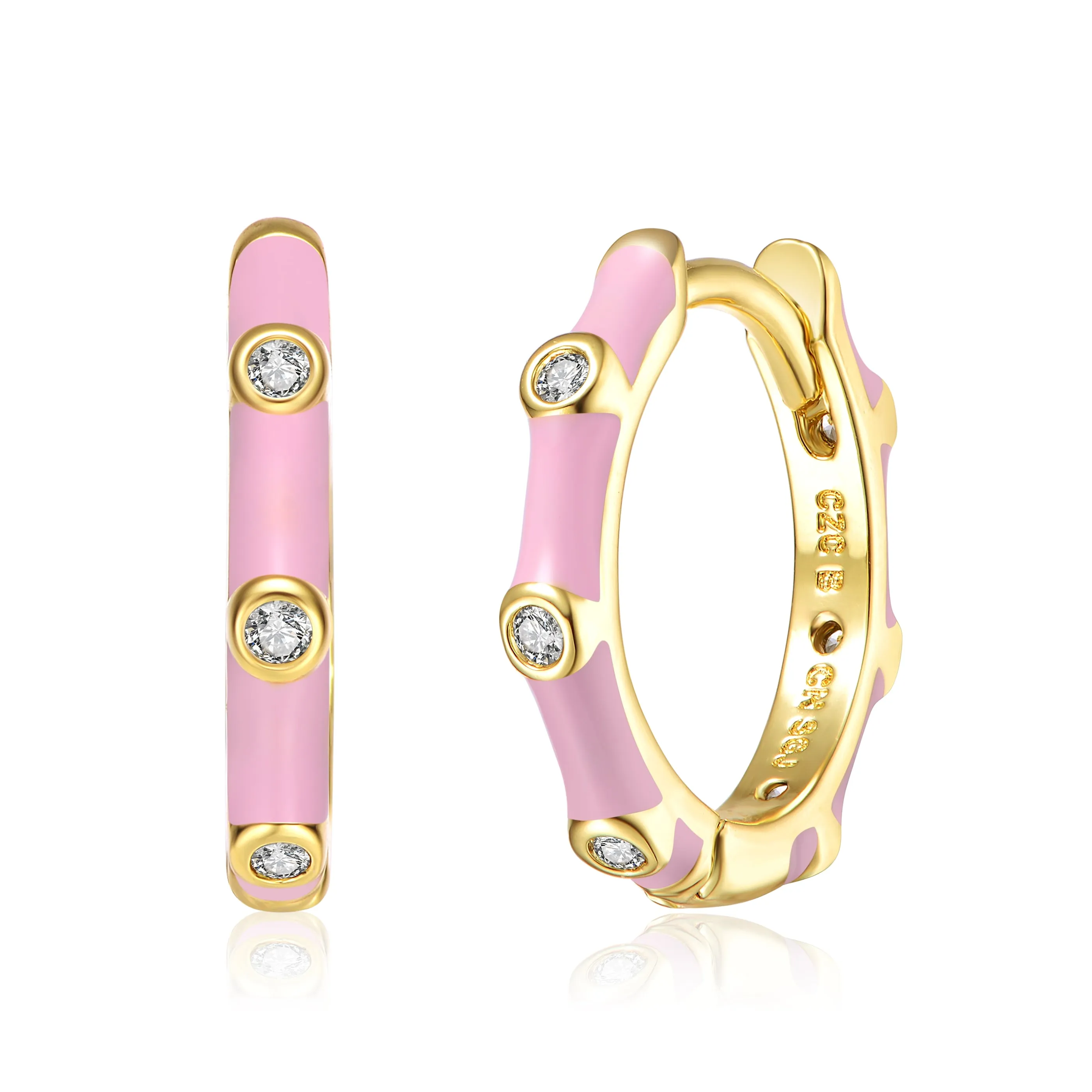 Rg 14k Gold Plated with Diamond Cubic Zirconia Pink Enamel Bamboo Hoop Earrings