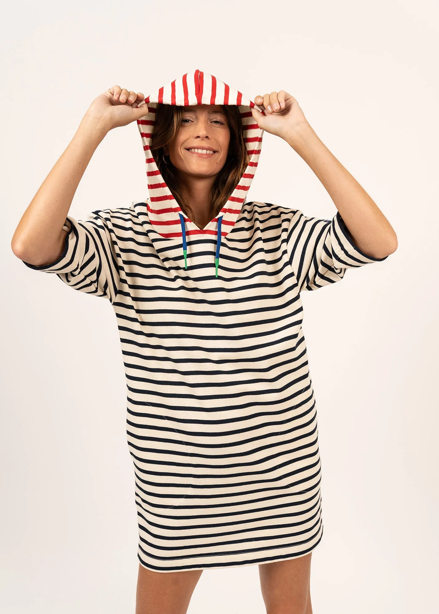 Robe  capuche Genets - en coton lourd ray (ECRU/MARINE/TULIPE)