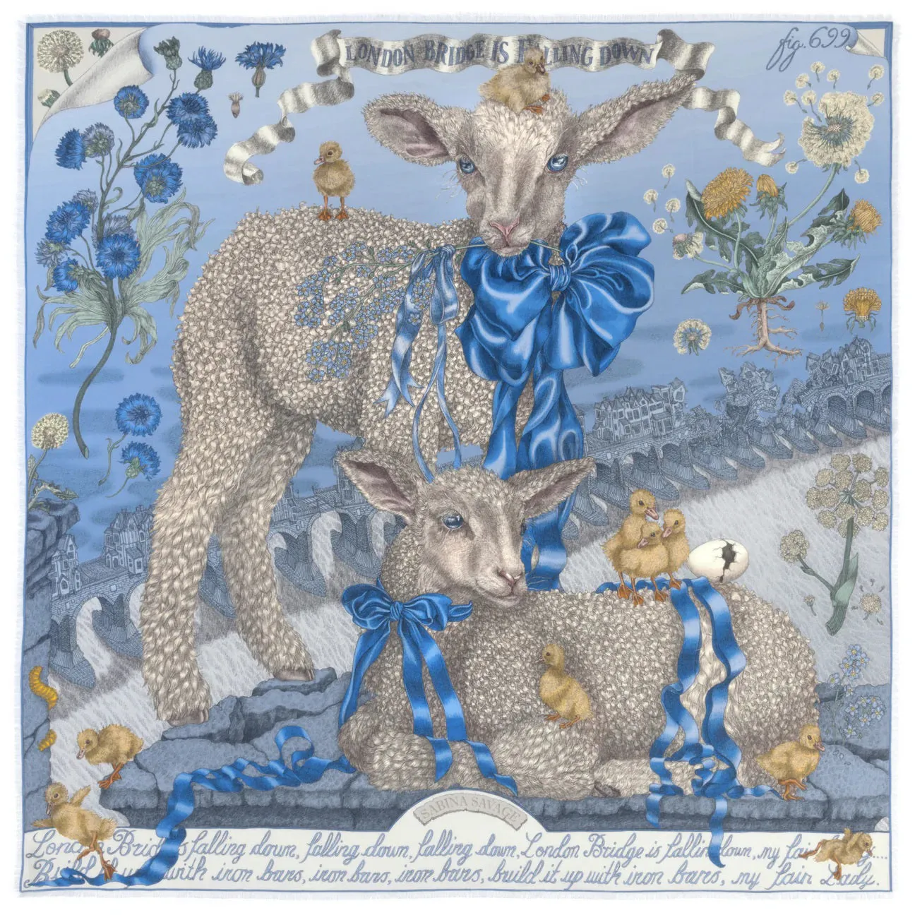 SABINA SAVAGE - LONDON BRIDGE IS FALLING DOWN SILK TWILL SCARF 135CM POWDER/FROST
