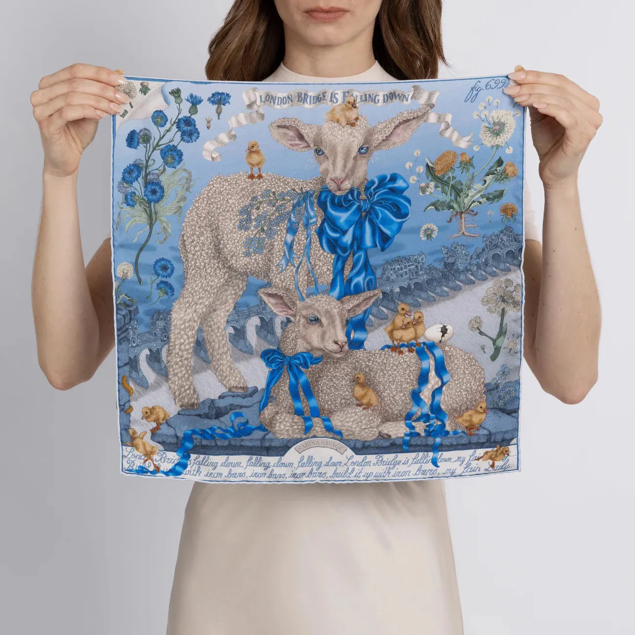 SABINA SAVAGE - LONDON BRIDGE IS FALLING DOWN SILK TWILL SCARF 42CM POWDER/FROST