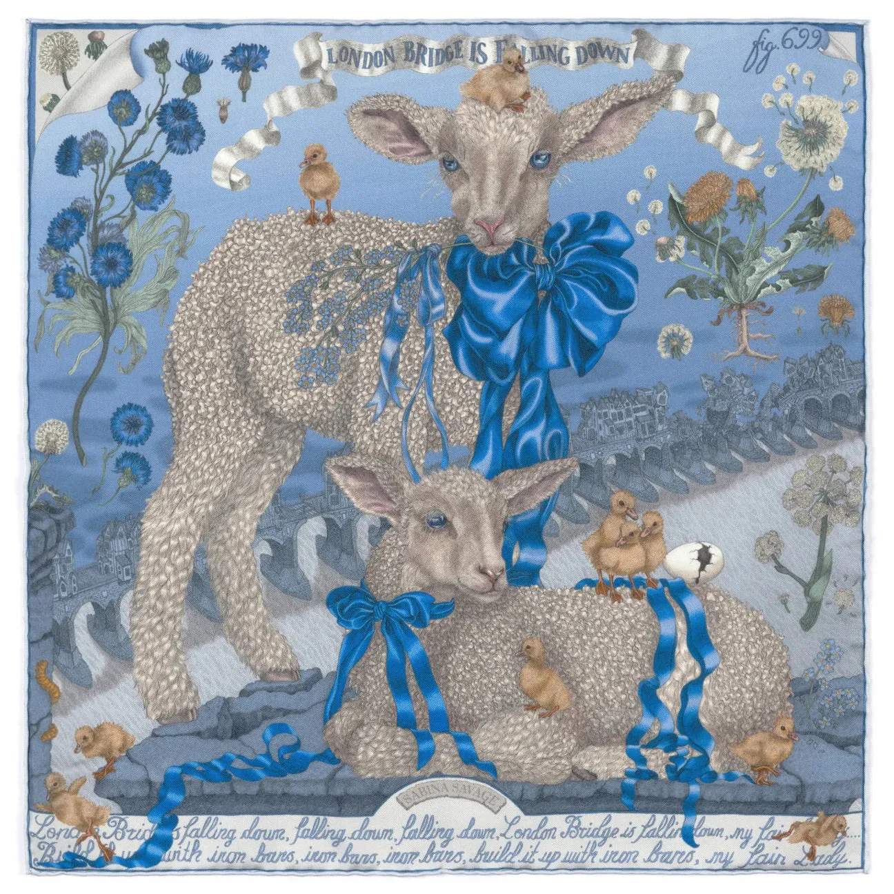 SABINA SAVAGE - LONDON BRIDGE IS FALLING DOWN SILK TWILL SCARF 42CM POWDER/FROST