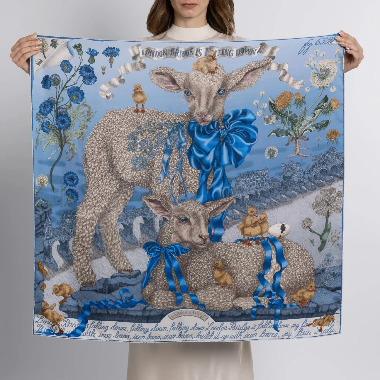 SABINA SAVAGE - LONDON BRIDGE IS FALLING DOWN SILK TWILL SCARF 90CM POWDER/FROST