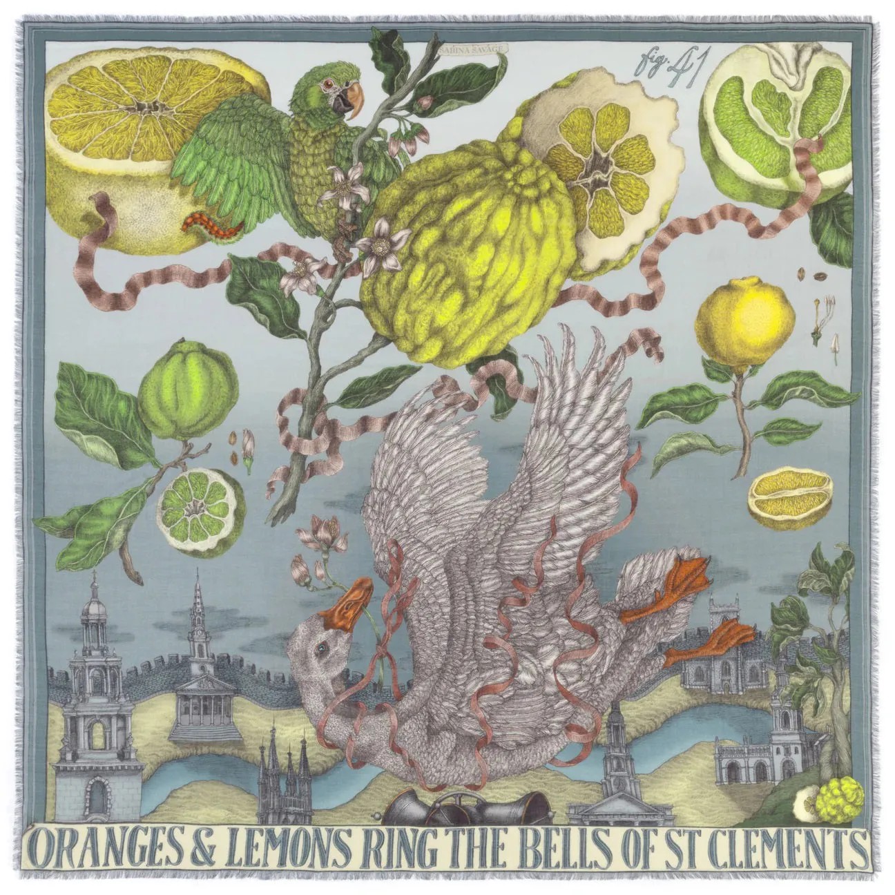 SABINA SAVAGE - ORANGES AND LEMONS SILK TWILL SCARF 135CM ACID/SMOKE
