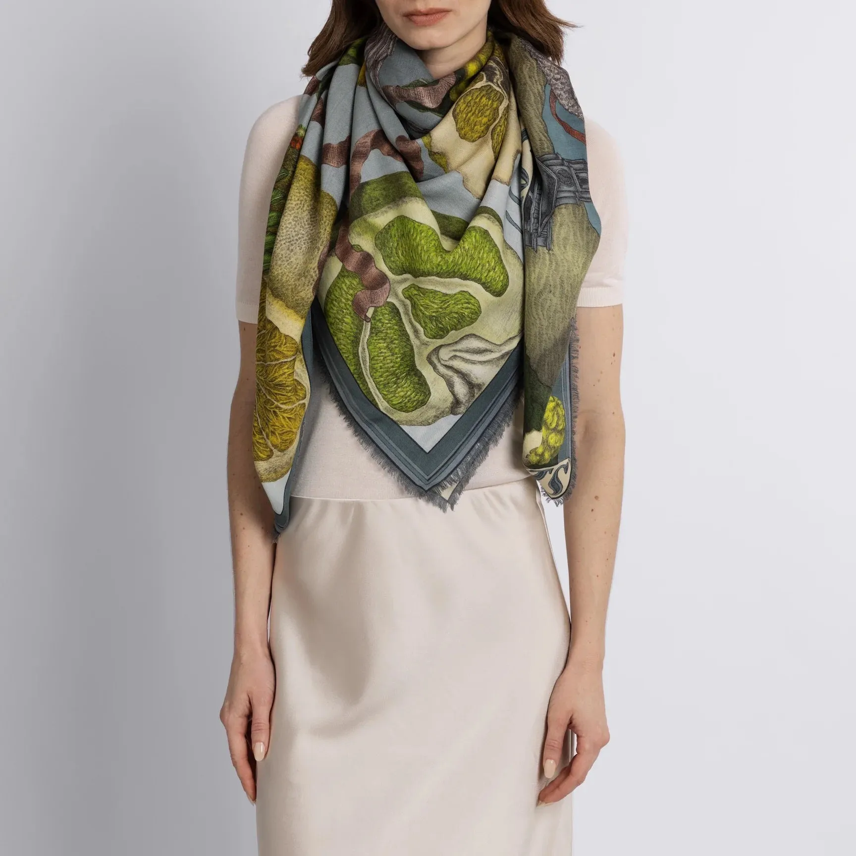 SABINA SAVAGE - ORANGES AND LEMONS SILK TWILL SCARF 135CM ACID/SMOKE
