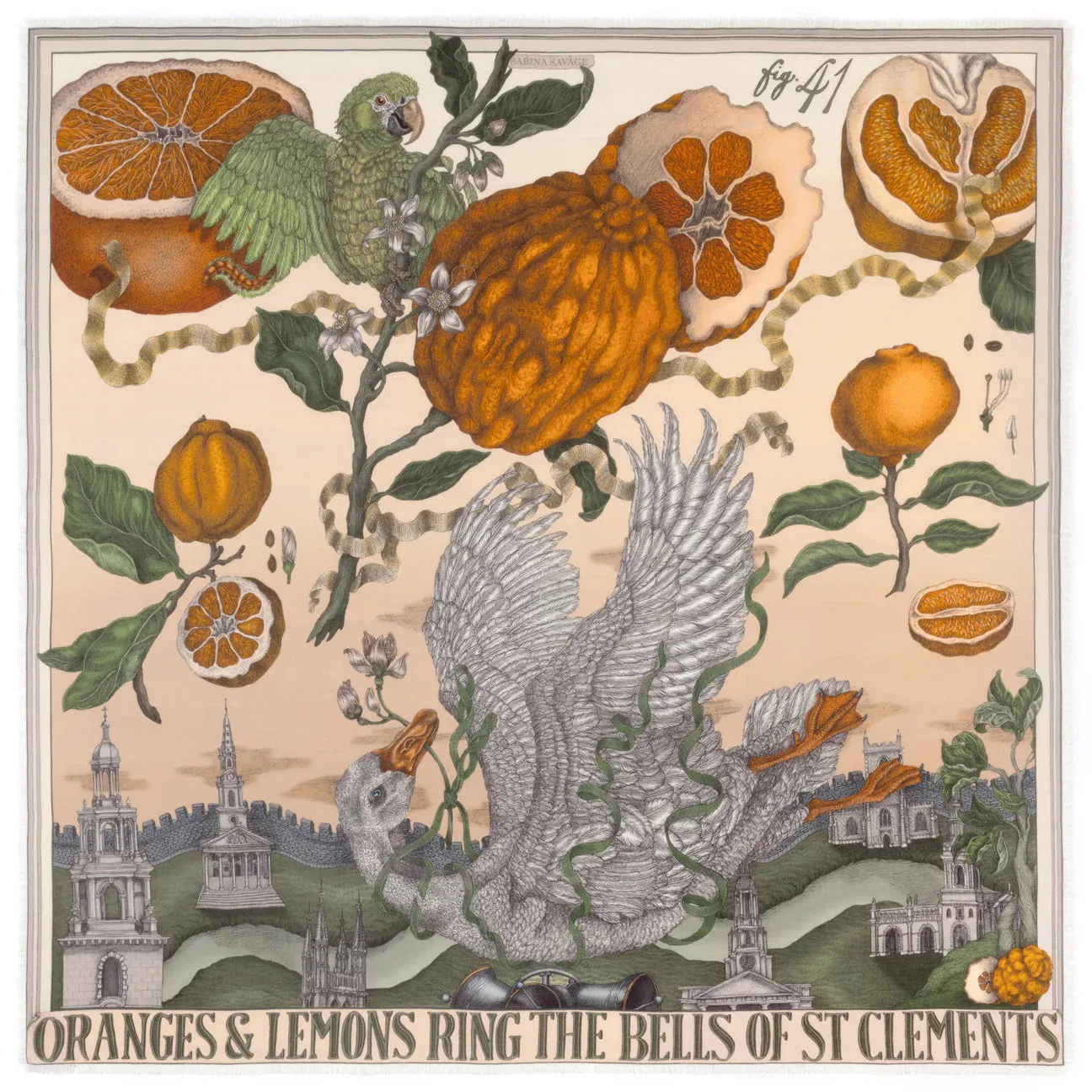SABINA SAVAGE - ORANGES AND LEMONS SILK TWILL SCARF 135CM CITRINE/ZEST