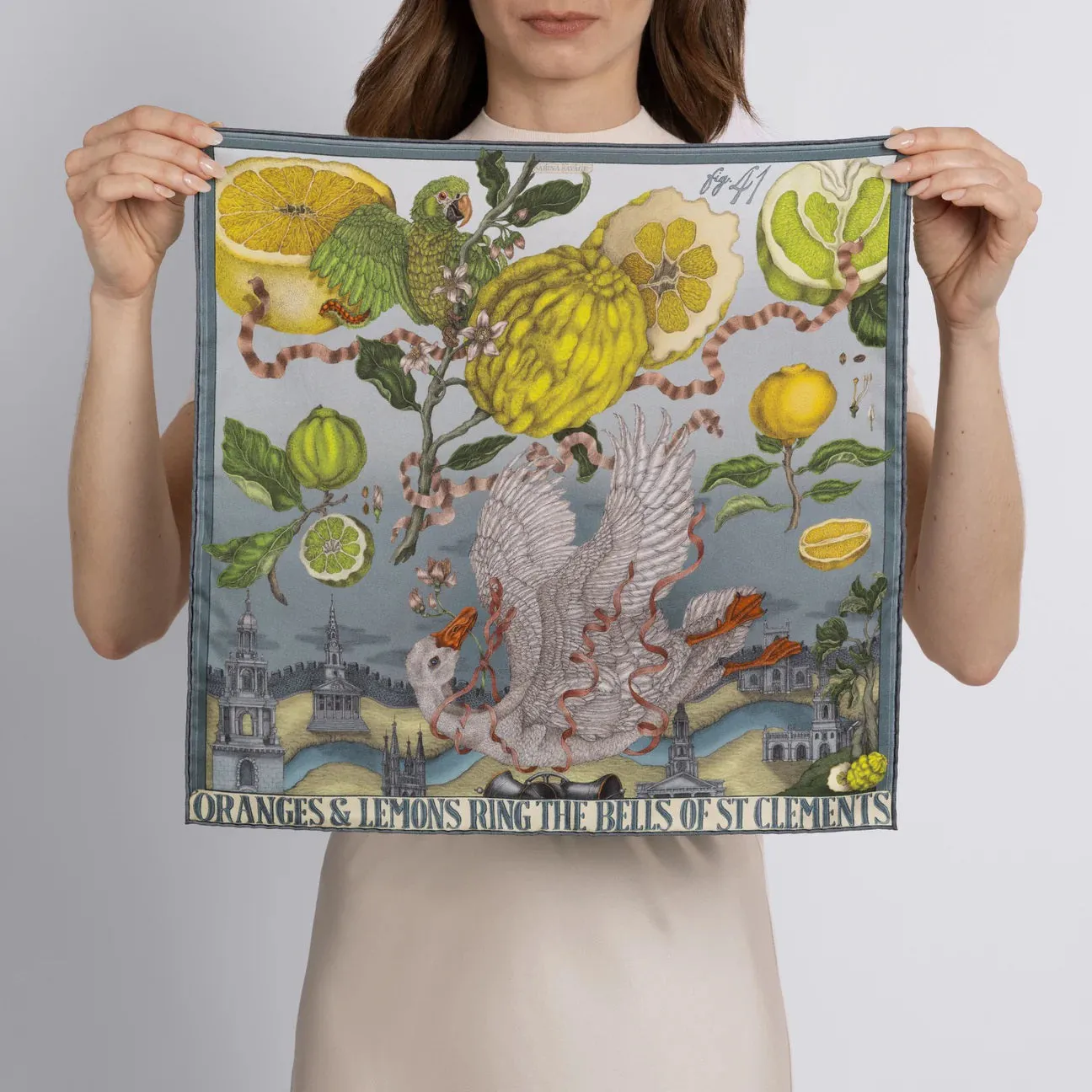 SABINA SAVAGE - ORANGES AND LEMONS SILK TWILL SCARF 42CM ACID/SMOKE