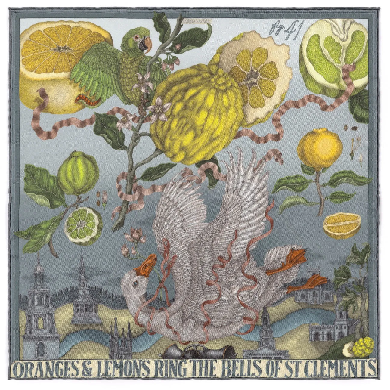 SABINA SAVAGE - ORANGES AND LEMONS SILK TWILL SCARF 42CM ACID/SMOKE