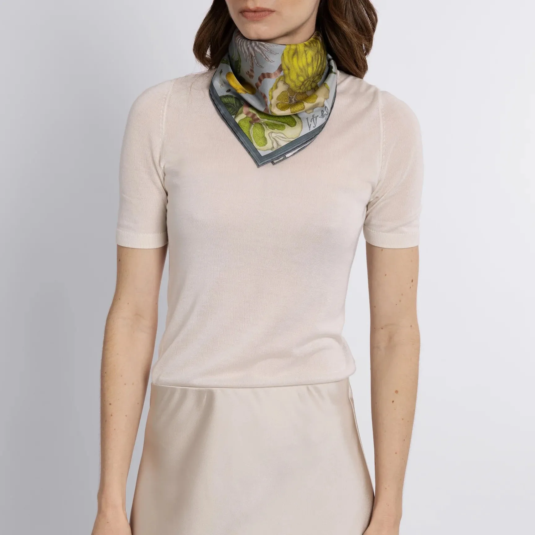SABINA SAVAGE - ORANGES AND LEMONS SILK TWILL SCARF 42CM ACID/SMOKE