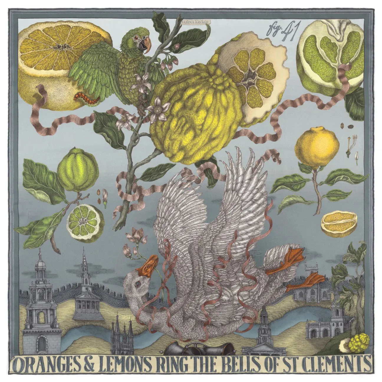 SABINA SAVAGE - ORANGES AND LEMONS SILK TWILL SCARF 90CM ACID/SMOG