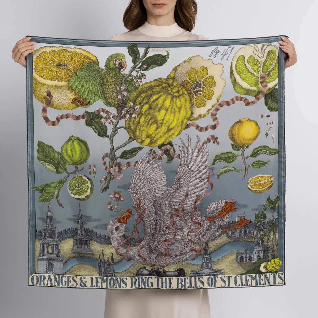 SABINA SAVAGE - ORANGES AND LEMONS SILK TWILL SCARF 90CM ACID/SMOG