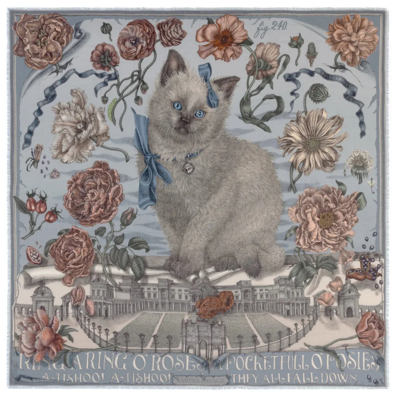 SABINA SAVAGE - RING A RING O' ROSES CASHMERE SCARF 135CM GLACIER/BALLET