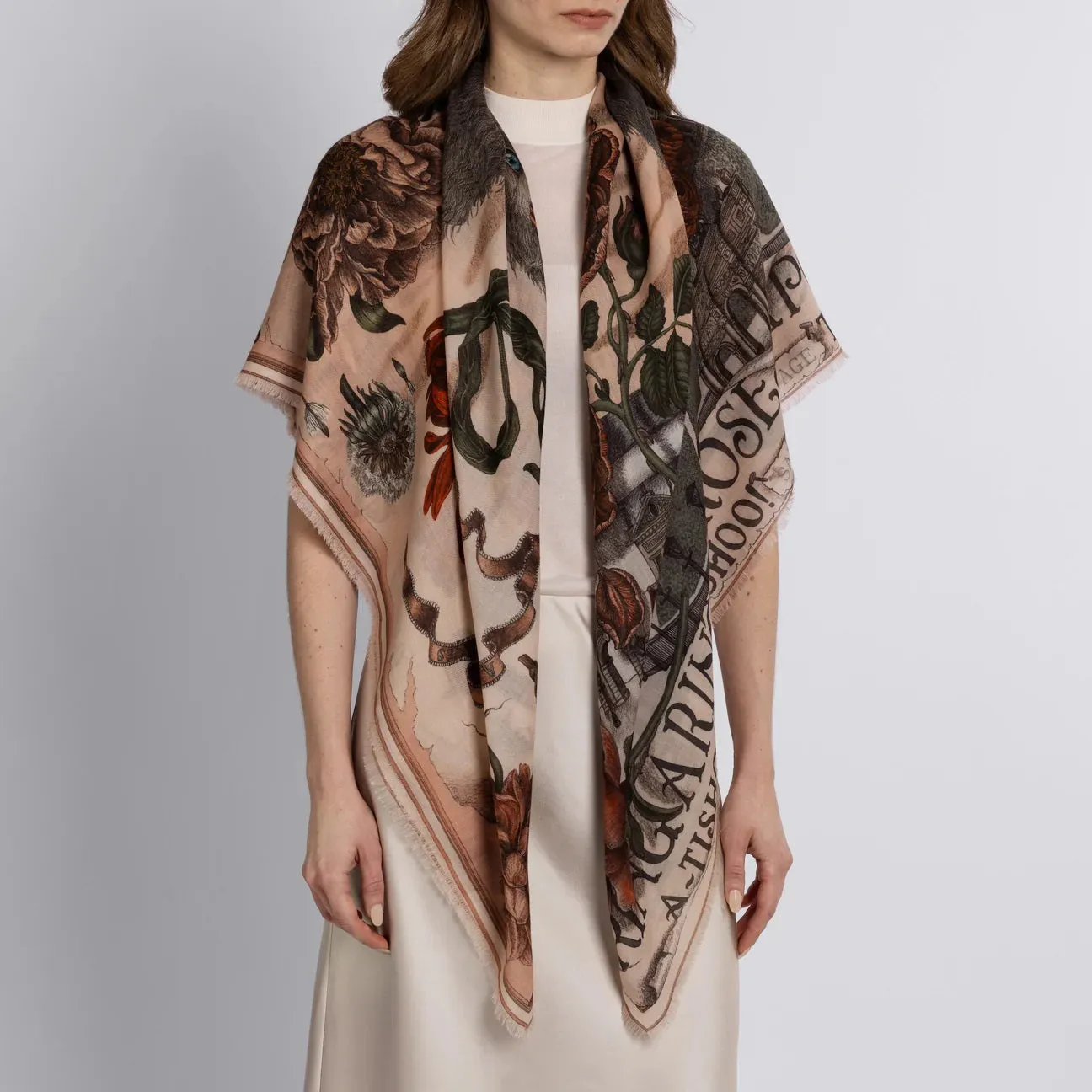 SABINA SAVAGE - RING A RING O' ROSES CASHMERE SCARF 135CM MARSHMALLOW/RHUBARB