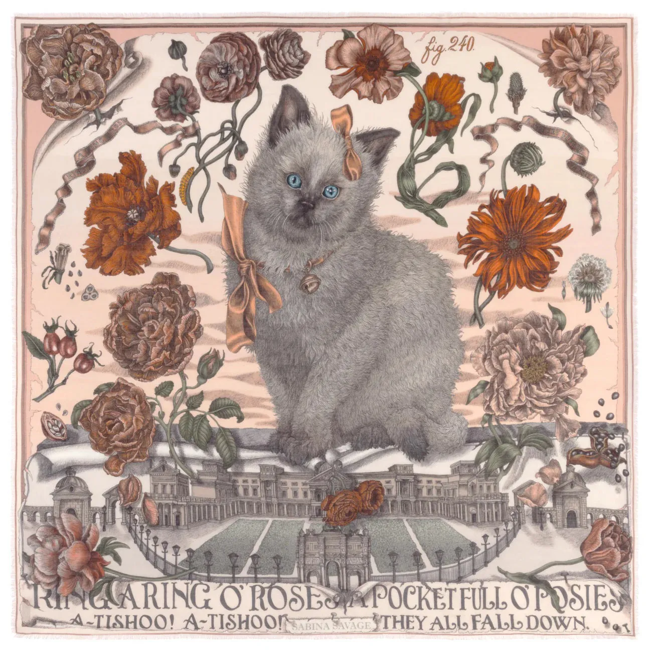 SABINA SAVAGE - RING A RING O' ROSES CASHMERE SCARF 135CM MARSHMALLOW/RHUBARB