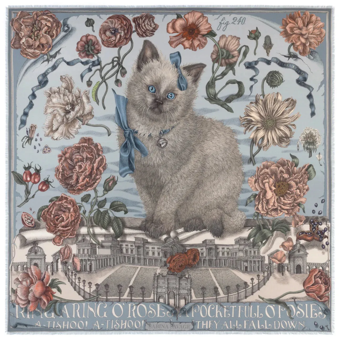 SABINA SAVAGE - RING A RING O' ROSES SILK TWILL SCARF 135CM GLACIER/BALLET